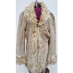 ****SOLD Vintage Suede Beige Faux Fur Trench Coat - L